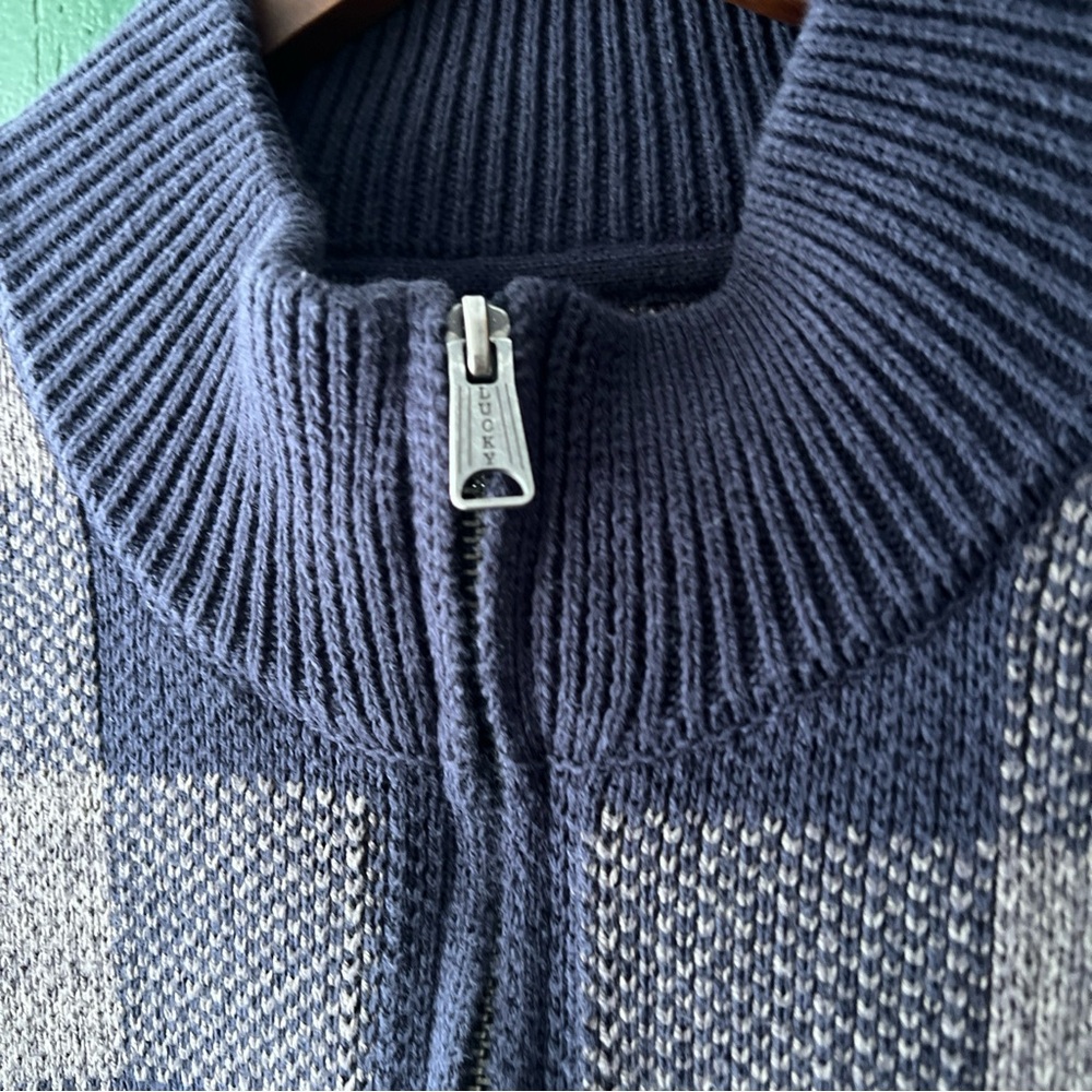 Lucky Brand Size XX Large Blue & Grey Checked Heavyweight Zippered Cardigan EUC - Picture 3 of 5